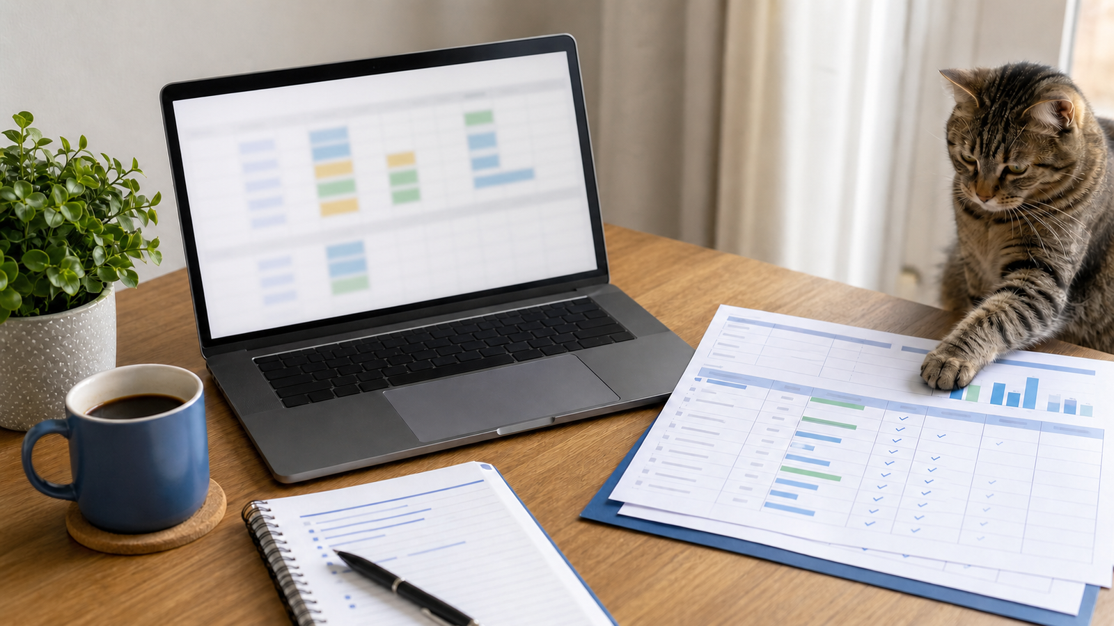 AI content audit spreadsheet on a desk beside one cat