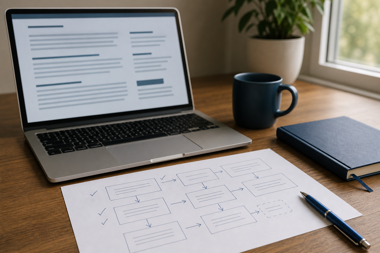 AI content gap analysis of a blog outline on a desk