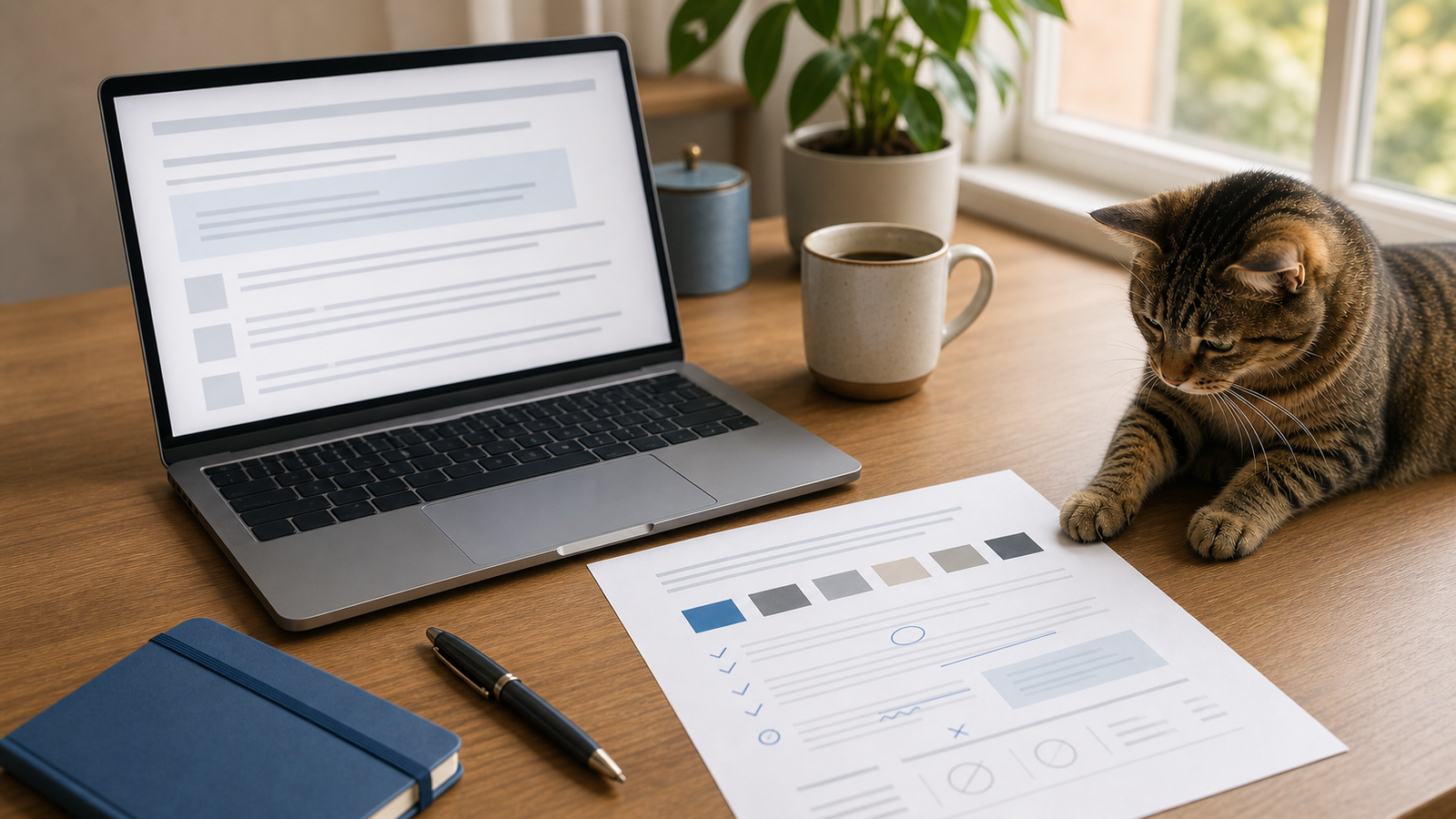 AI content style guide worksheet on a desk beside one cat