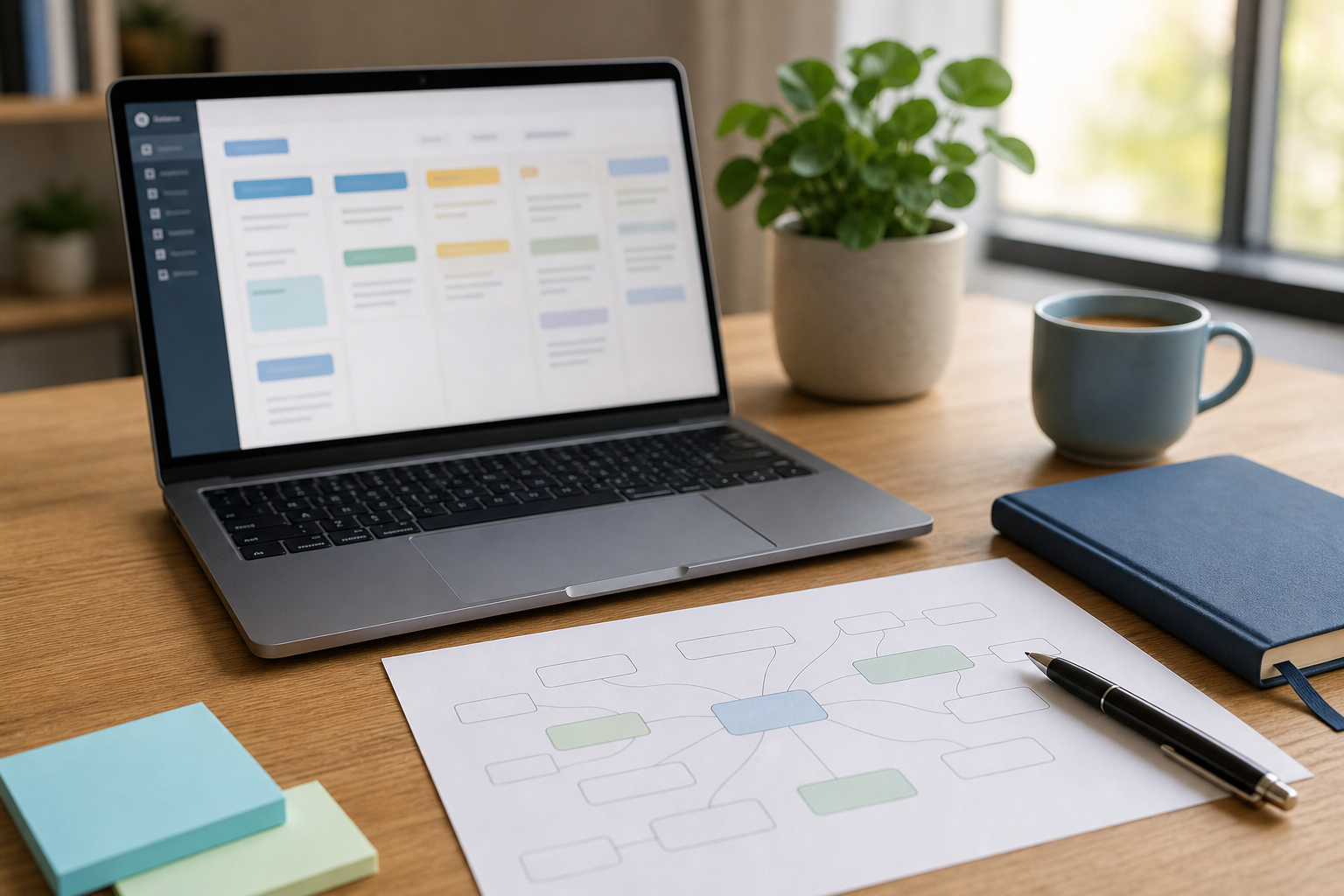 AI evergreen content planning map on a desk