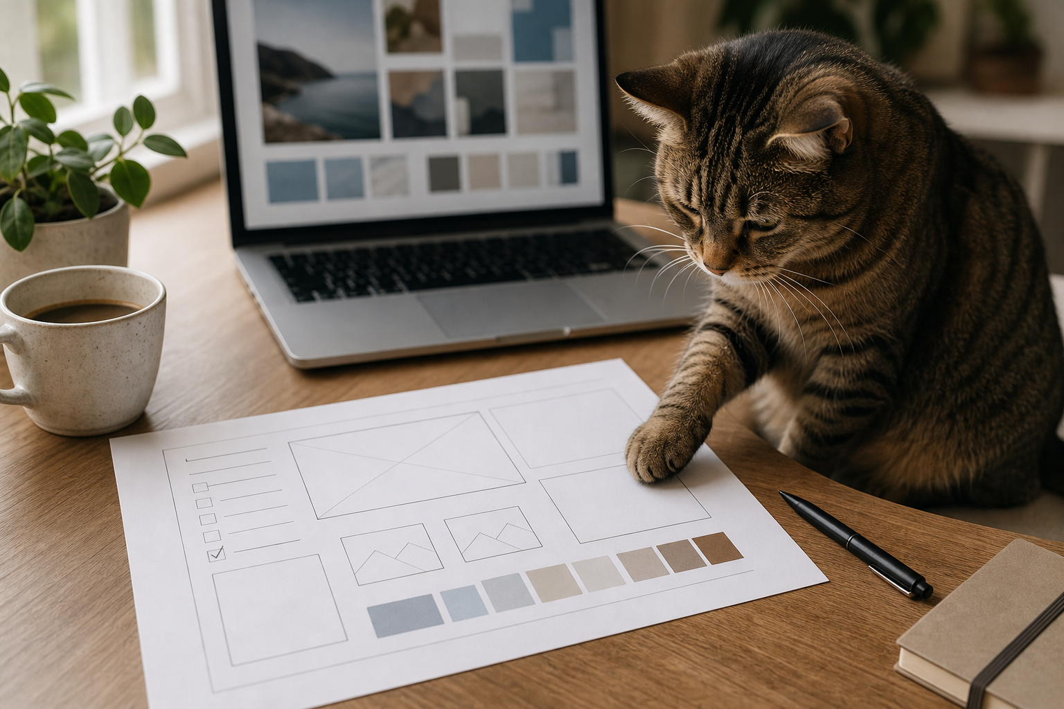 AI image brief worksheet for a blog post beside a laptop and one cat