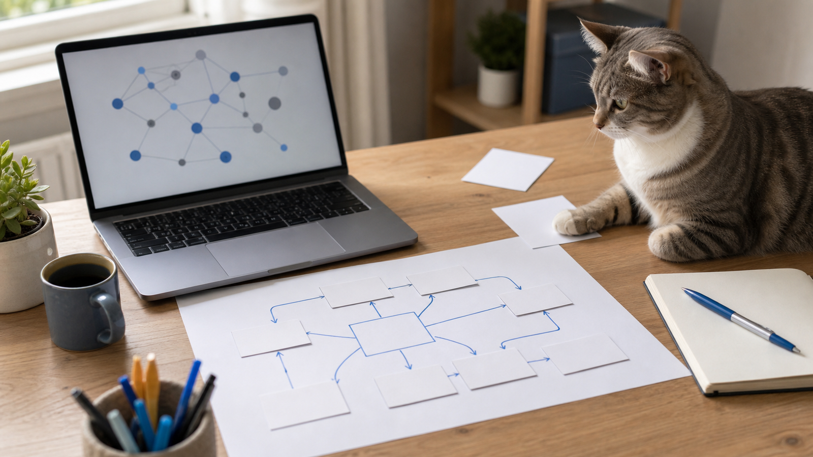 AI internal linking map for a new blog beside one cat