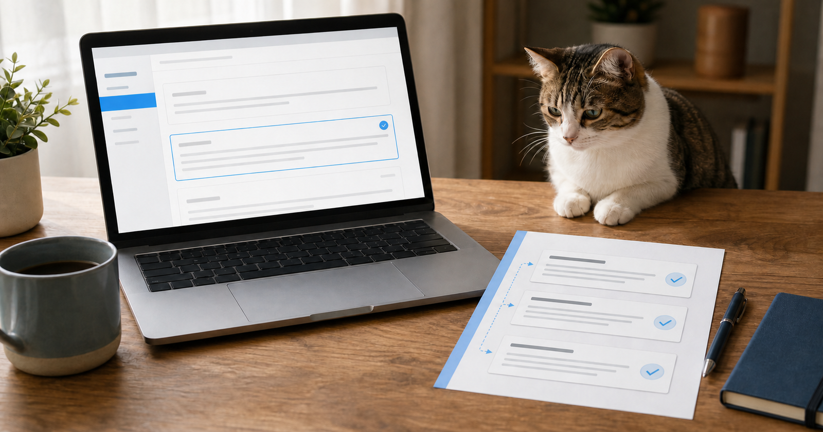 AI meta descriptions comparison worksheet beside one cat