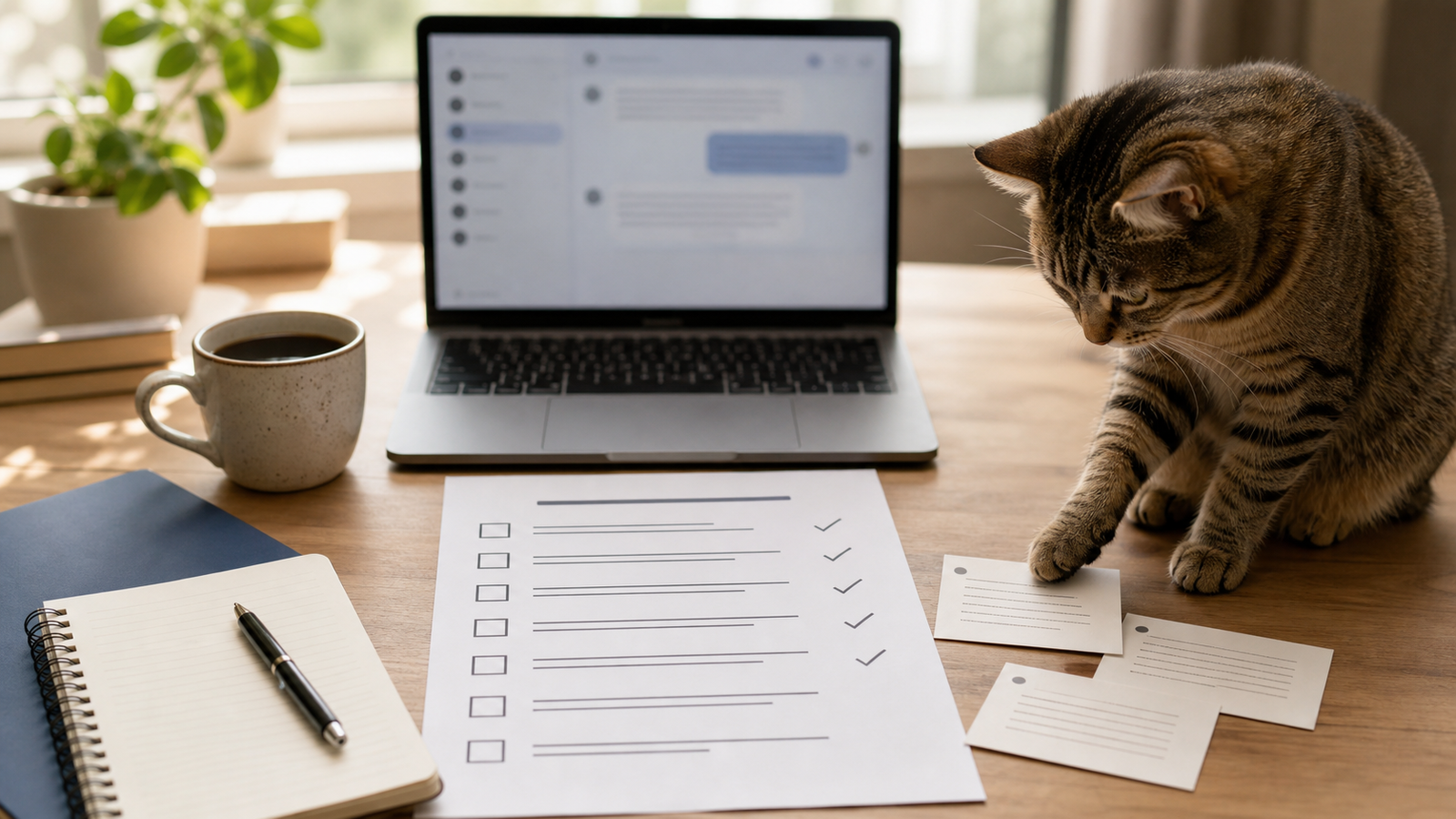 Blog research checklist with ChatGPT on a desk beside one cat
