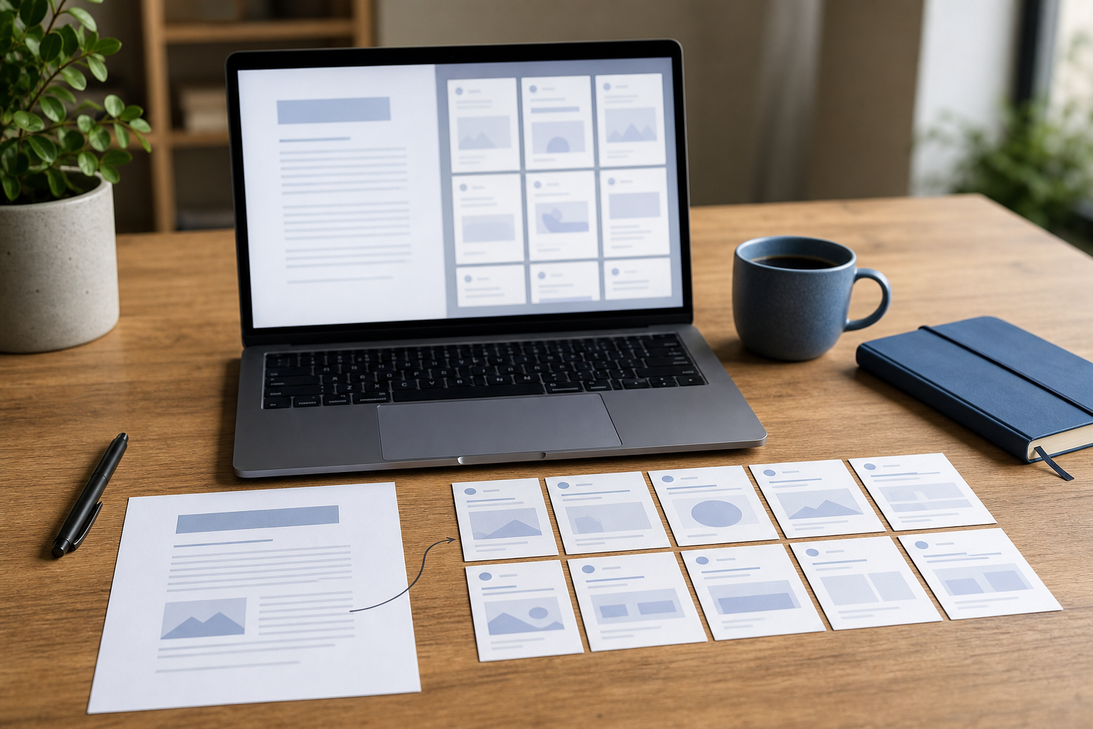 Repurpose a blog post with AI into ten social post drafts on a desk
