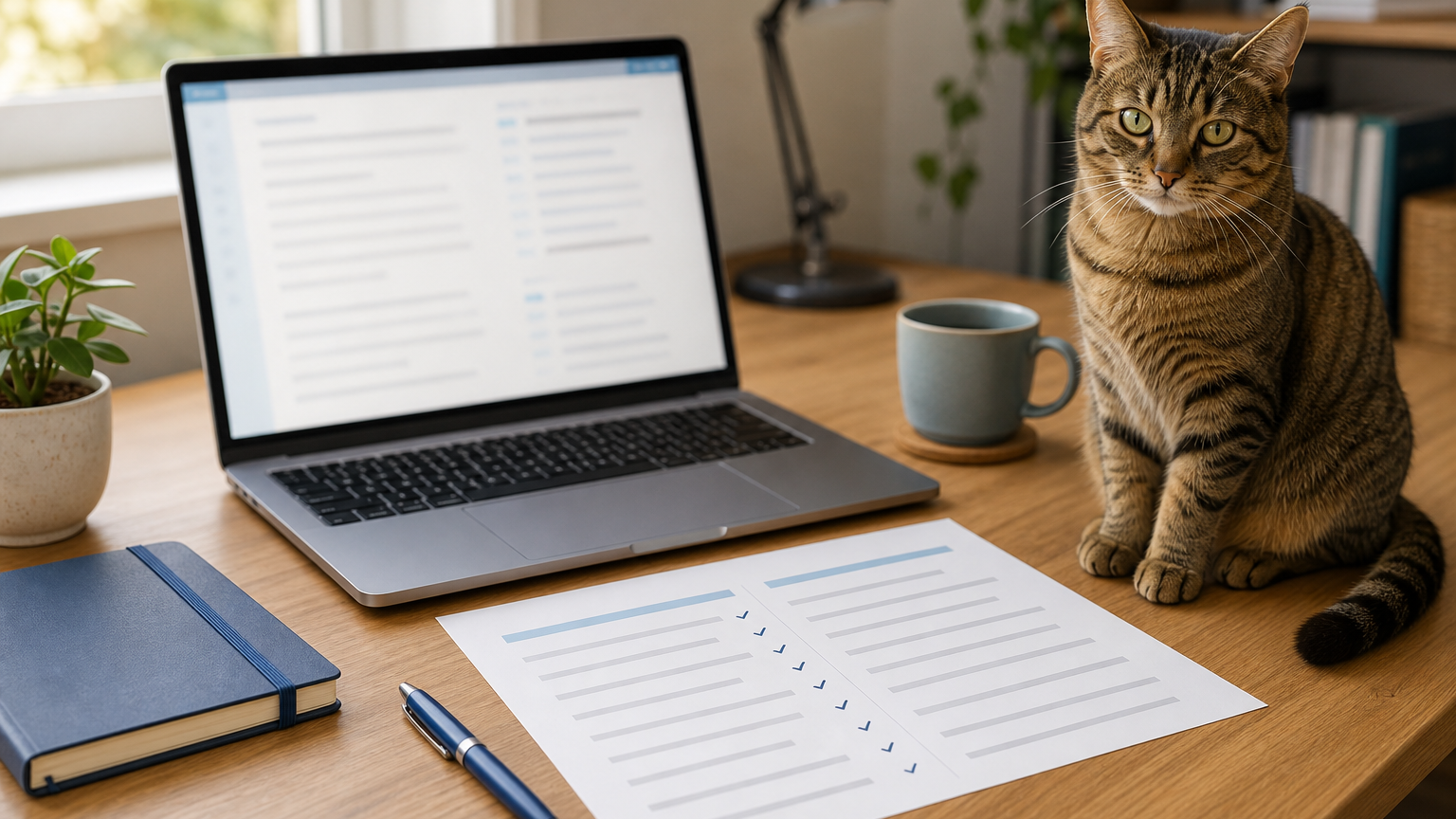 Rewrite headlines with ChatGPT using a worksheet beside one cat