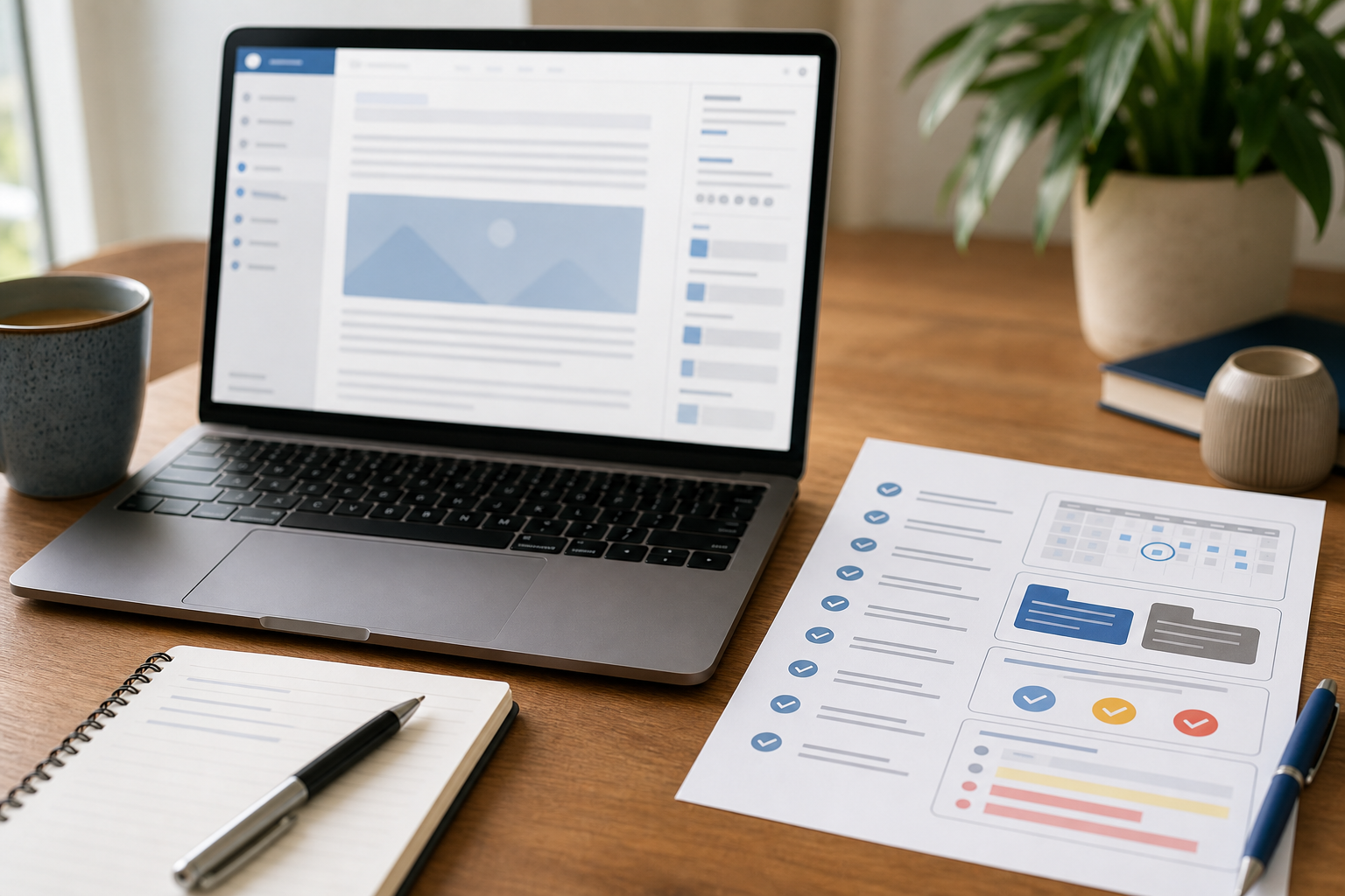 Update old blog posts with AI content refresh checklist on a desk
